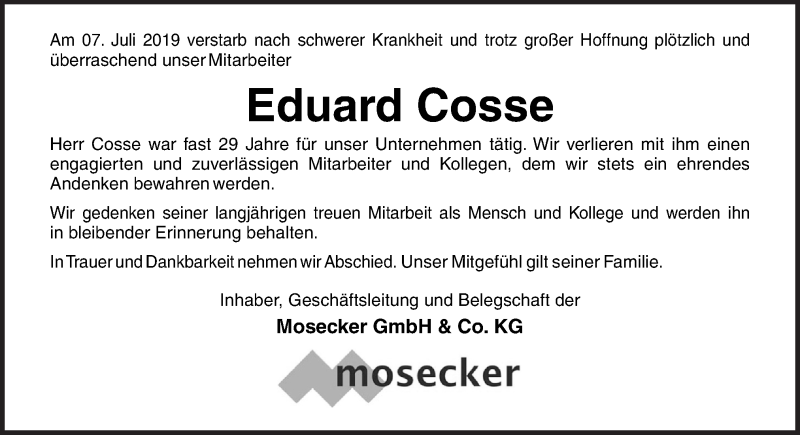  Traueranzeige für Eduard Cosse vom 11.07.2019 aus Neue Osnabrücker Zeitung GmbH & Co. KG