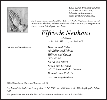 Traueranzeige von Elfriede Neuhaus von Neue Osnabrücker Zeitung GmbH & Co. KG