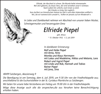 Traueranzeige von Elfriede Piepel von Neue Osnabrücker Zeitung GmbH & Co. KG