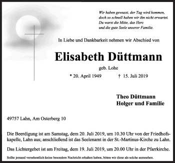 Traueranzeige von Elisabeth Düttmann von Neue Osnabrücker Zeitung GmbH & Co. KG