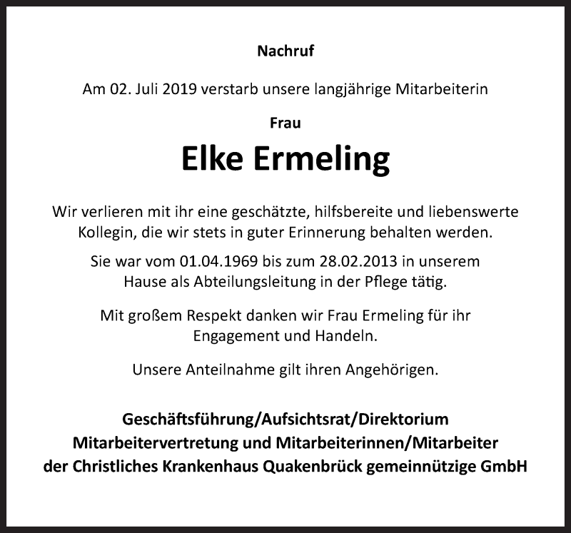  Traueranzeige für Elke Ermeling vom 08.07.2019 aus Neue Osnabrücker Zeitung GmbH & Co. KG