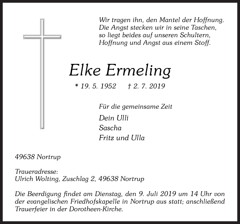  Traueranzeige für Elke Ermeling vom 05.07.2019 aus Neue Osnabrücker Zeitung GmbH & Co. KG