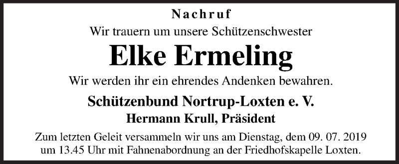  Traueranzeige für Elke Ermeling vom 06.07.2019 aus Neue Osnabrücker Zeitung GmbH & Co. KG