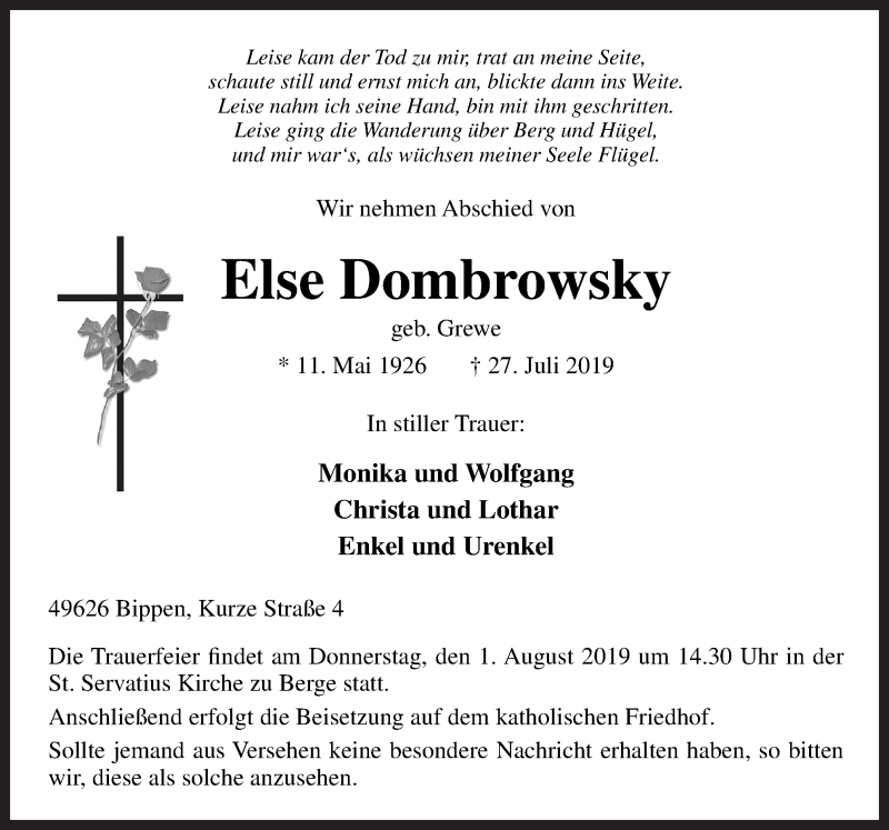 Traueranzeige für Else Dombrowsky vom 29.07.2019 aus Neue Osnabrücker Zeitung GmbH & Co. KG
