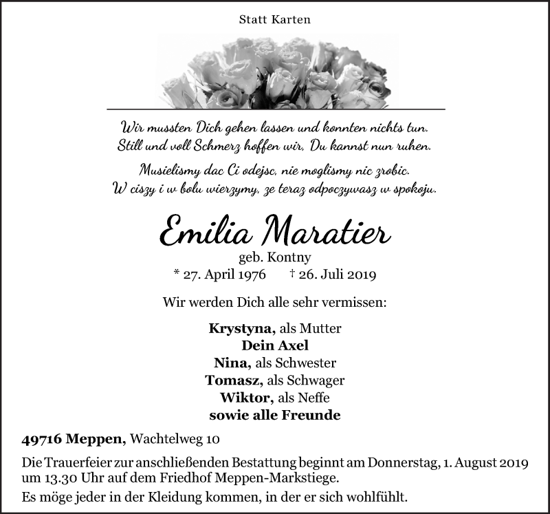  Traueranzeige für Emilia Maratier vom 30.07.2019 aus Neue Osnabrücker Zeitung GmbH & Co. KG