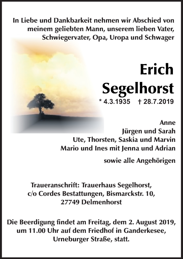  Traueranzeige für Erich Segelhorst vom 31.07.2019 aus Neue Osnabrücker Zeitung GmbH & Co. KG
