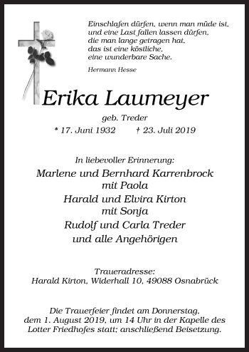 Traueranzeige von Erika Laumeyer von Neue Osnabrücker Zeitung GmbH & Co. KG