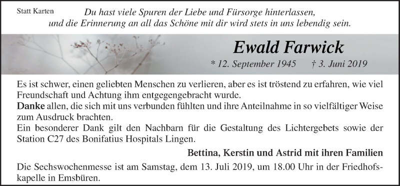  Traueranzeige für Ewald Farwick vom 10.07.2019 aus Neue Osnabrücker Zeitung GmbH & Co. KG