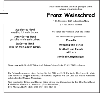 Traueranzeige von Franz Weinschrod von Neue Osnabrücker Zeitung GmbH & Co. KG