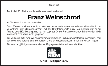 Traueranzeige von Franz Weinschrod von Neue Osnabrücker Zeitung GmbH & Co. KG