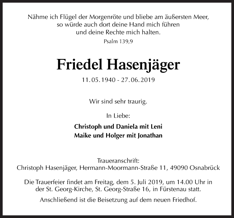  Traueranzeige für Friedel Hasenjäger vom 01.07.2019 aus Neue Osnabrücker Zeitung GmbH & Co. KG