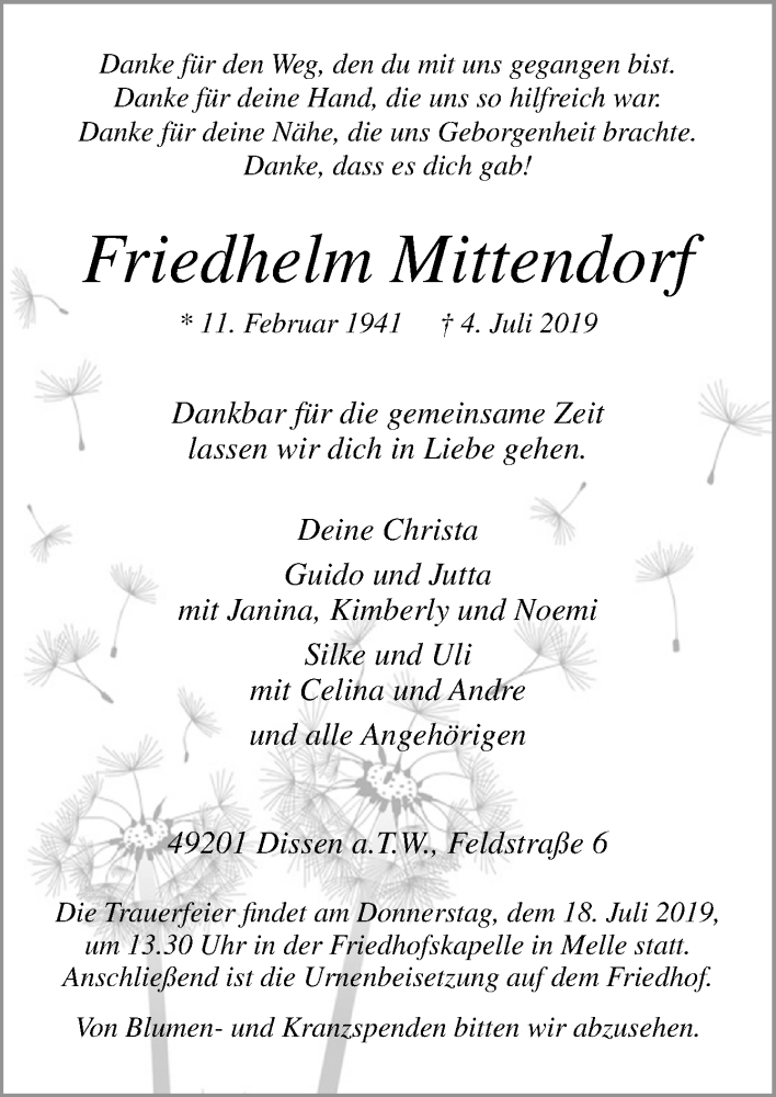  Traueranzeige für Friedhelm Mittendorf vom 13.07.2019 aus Neue Osnabrücker Zeitung GmbH & Co. KG