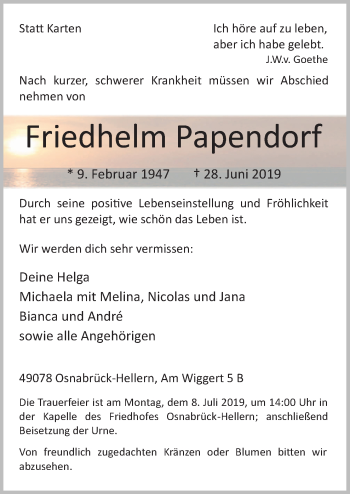 Traueranzeige von Friedhelm Papendorf von Neue Osnabrücker Zeitung GmbH & Co. KG