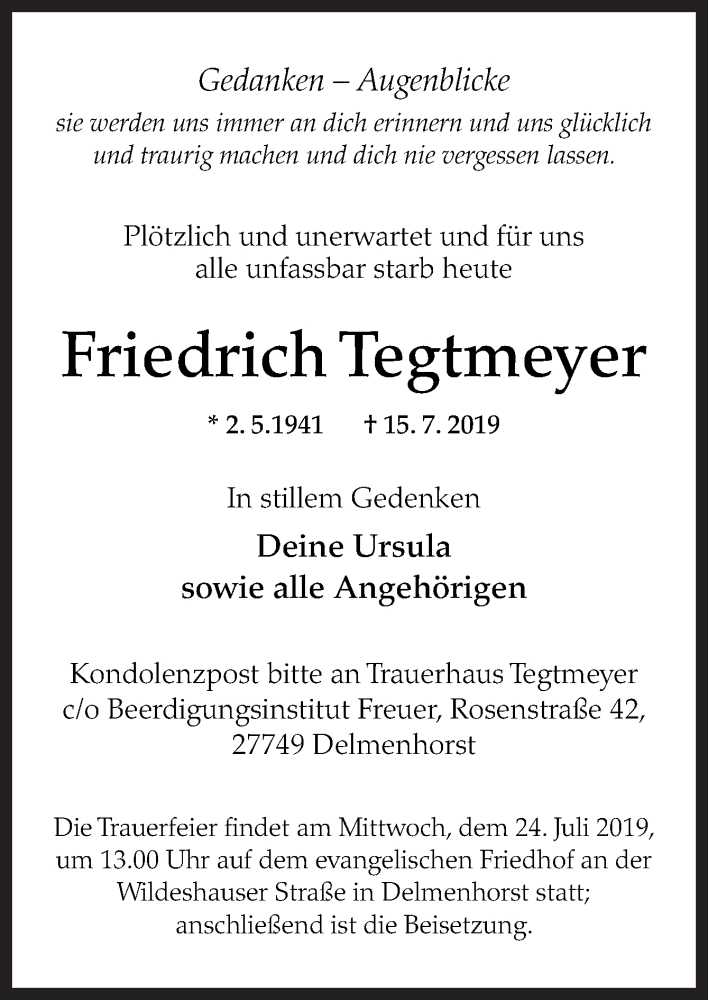  Traueranzeige für Friedrich Tegtmeyer vom 20.07.2019 aus Neue Osnabrücker Zeitung GmbH & Co. KG