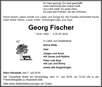 Traueranzeige von Georg Fischer von Neue Osnabrücker Zeitung GmbH & Co. KG