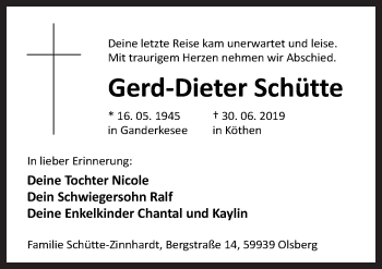 Traueranzeige von Gerd-Dieter Schütte von Neue Osnabrücker Zeitung GmbH & Co. KG