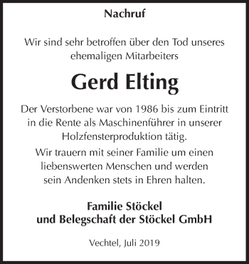 Traueranzeige von Gerd Elting von Neue Osnabrücker Zeitung GmbH & Co. KG