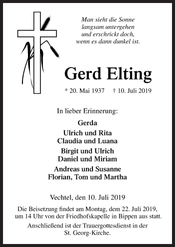Traueranzeige von Gerd Elting von Neue Osnabrücker Zeitung GmbH & Co. KG