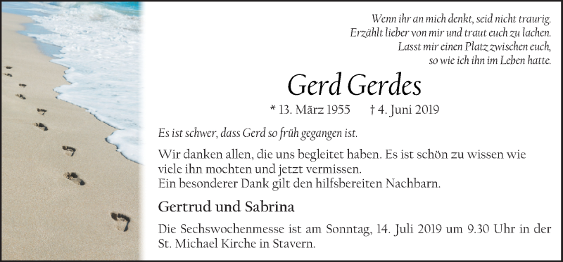  Traueranzeige für Gerd Gerdes vom 10.07.2019 aus Neue Osnabrücker Zeitung GmbH & Co. KG