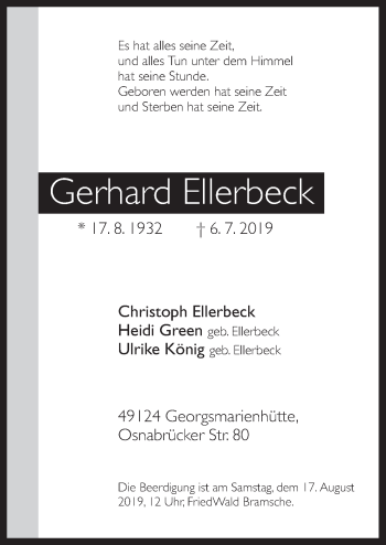 Traueranzeige von Gerhard Ellerbeck von Neue Osnabrücker Zeitung GmbH & Co. KG