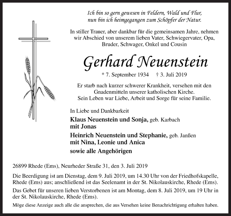  Traueranzeige für Gerhard Neuenstein vom 05.07.2019 aus Neue Osnabrücker Zeitung GmbH & Co. KG