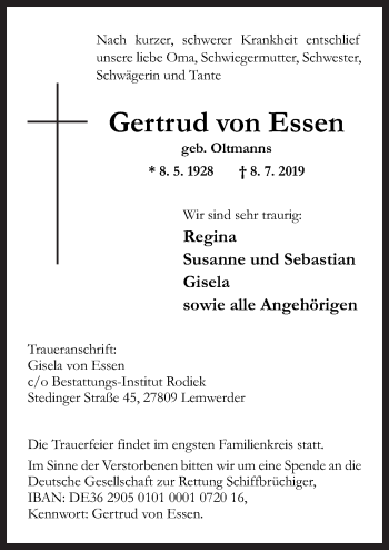 Traueranzeige von Gertrud von Essen von Neue Osnabrücker Zeitung GmbH & Co. KG