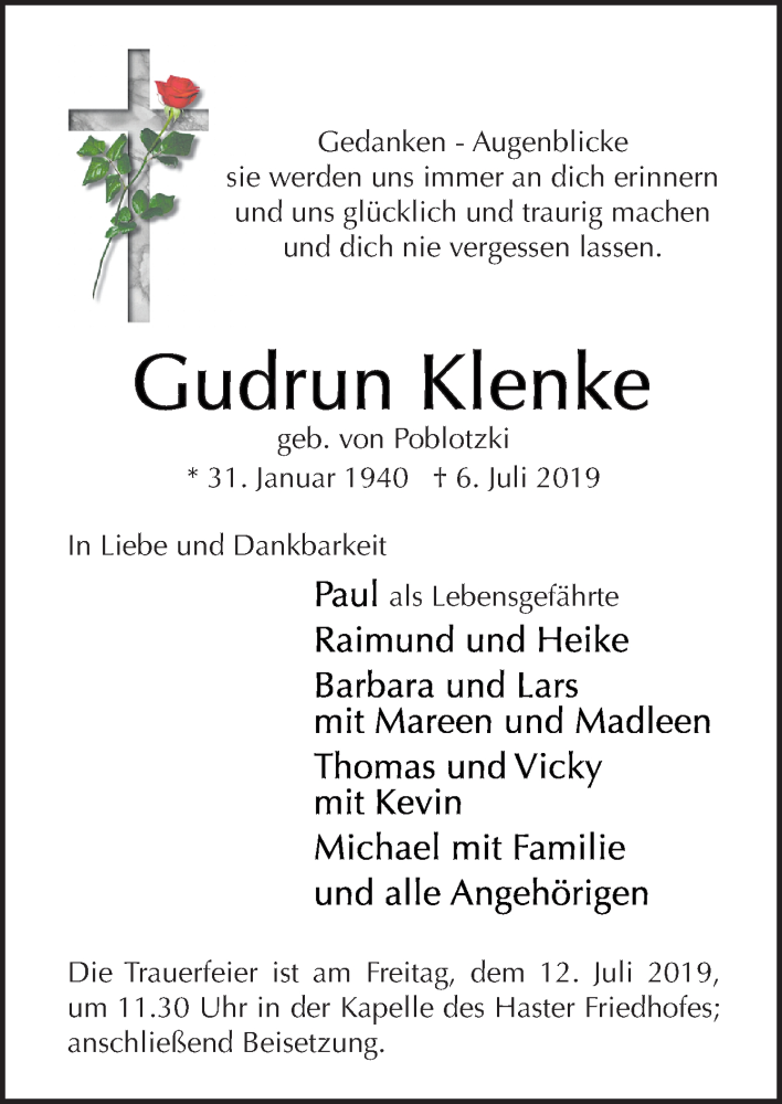  Traueranzeige für Gudrun Klenke vom 09.07.2019 aus Neue Osnabrücker Zeitung GmbH & Co. KG