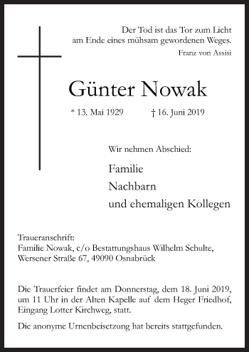 Traueranzeige von Günter Nowak von Neue Osnabrücker Zeitung GmbH & Co. KG