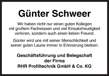 Traueranzeige von Günter Schweer von Neue Osnabrücker Zeitung GmbH & Co. KG