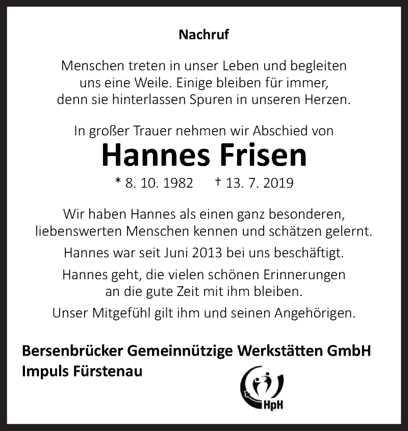  Traueranzeige für Hannes Frisen vom 20.07.2019 aus Neue Osnabrücker Zeitung GmbH & Co. KG