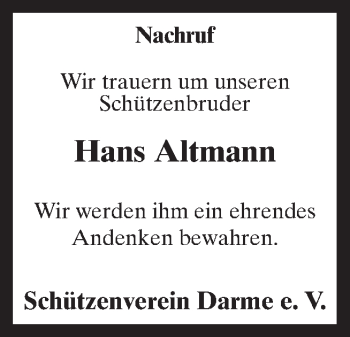 Traueranzeige von Hans Altmann von Neue Osnabrücker Zeitung GmbH & Co. KG