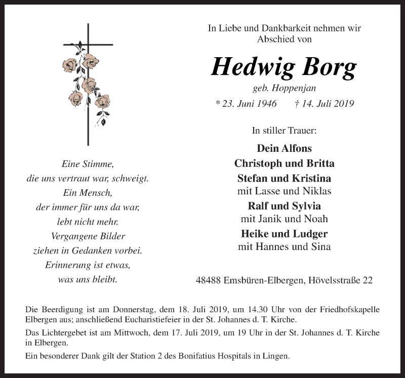  Traueranzeige für Hedwig Borg vom 16.07.2019 aus Neue Osnabrücker Zeitung GmbH & Co. KG