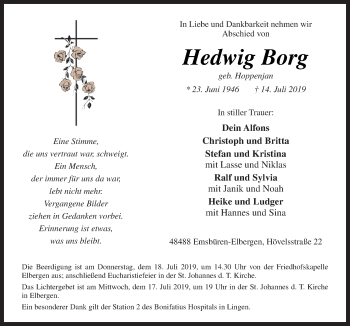 Traueranzeige von Hedwig Borg von Neue Osnabrücker Zeitung GmbH & Co. KG