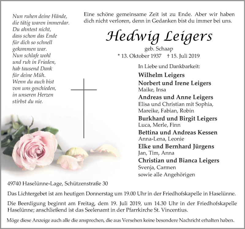  Traueranzeige für Hedwig Leigers vom 18.07.2019 aus Neue Osnabrücker Zeitung GmbH & Co. KG