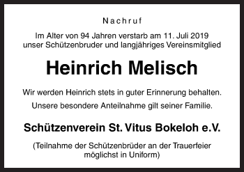 Traueranzeige von Heinrich Melisch von Neue Osnabrücker Zeitung GmbH & Co. KG