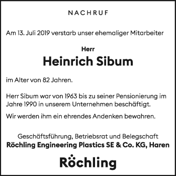 Traueranzeige von Heinrich Sibum von Neue Osnabrücker Zeitung GmbH & Co. KG