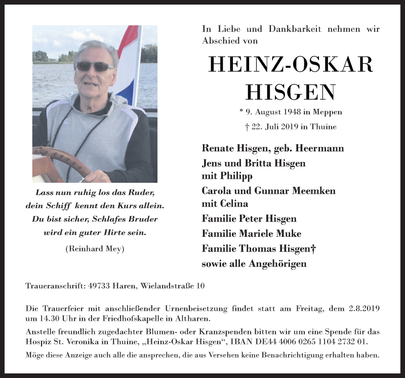  Traueranzeige für Heinz-Oskar Hisgen vom 27.07.2019 aus Neue Osnabrücker Zeitung GmbH & Co. KG