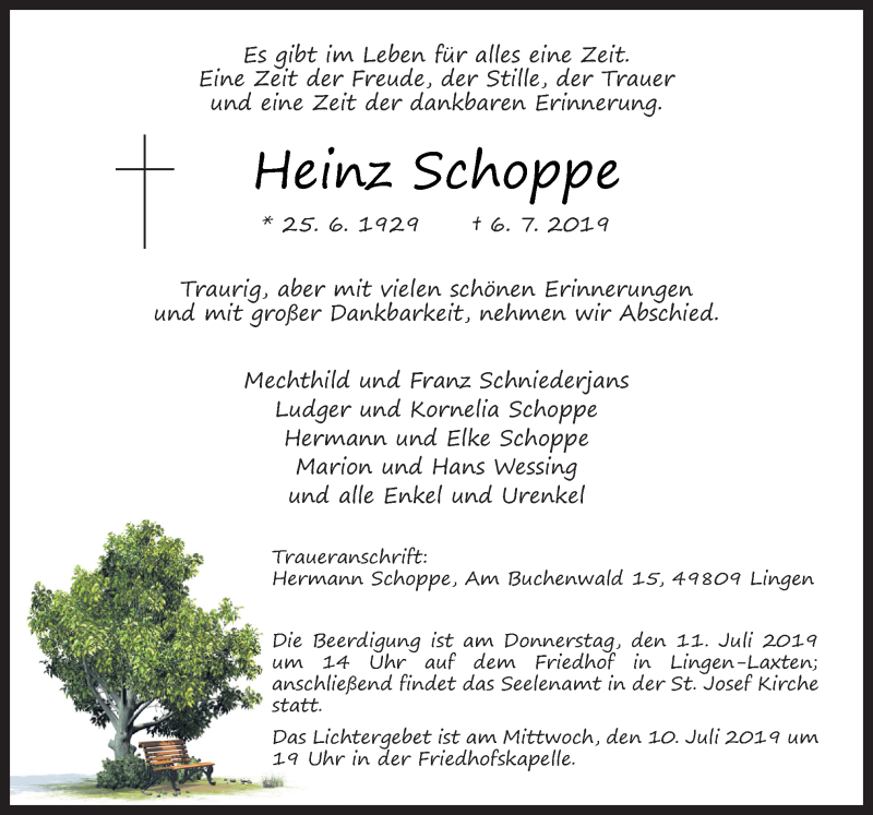  Traueranzeige für Heinz Schoppe vom 09.07.2019 aus Neue Osnabrücker Zeitung GmbH & Co. KG