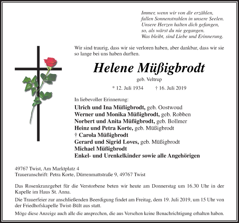  Traueranzeige für Helene Müßigbrodt vom 18.07.2019 aus Neue Osnabrücker Zeitung GmbH & Co. KG