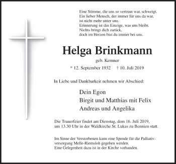 Traueranzeige von Helga Brinkmann von Neue Osnabrücker Zeitung GmbH & Co. KG