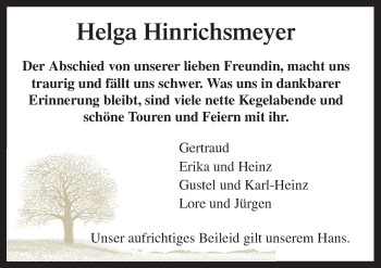 Traueranzeige von Helga Hinrichsmeyer von Neue Osnabrücker Zeitung GmbH & Co. KG