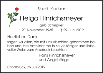 Traueranzeige von Helga Hinrichsmeyer von Neue Osnabrücker Zeitung GmbH & Co. KG