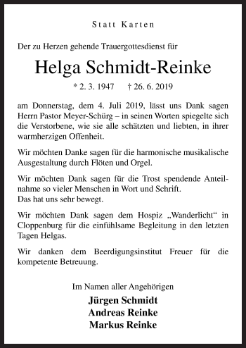 Traueranzeige von Helga Schmidt-Reinke von Neue Osnabrücker Zeitung GmbH & Co. KG