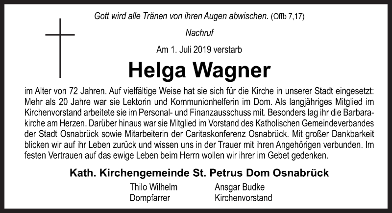  Traueranzeige für Helga Wagner vom 06.07.2019 aus Neue Osnabrücker Zeitung GmbH & Co. KG