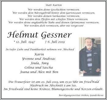 Traueranzeige von Helmut Gessner von Neue Osnabrücker Zeitung GmbH & Co. KG