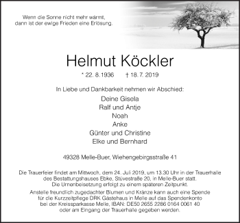 Traueranzeige von Helmut Köckler von Neue Osnabrücker Zeitung GmbH & Co. KG