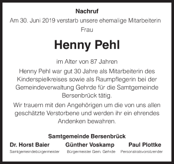 Traueranzeige von Henny Pehl von Neue Osnabrücker Zeitung GmbH & Co. KG