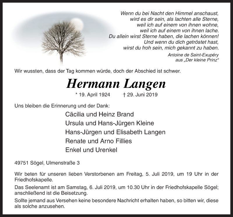  Traueranzeige für Hermann Langen vom 03.07.2019 aus Neue Osnabrücker Zeitung GmbH & Co. KG