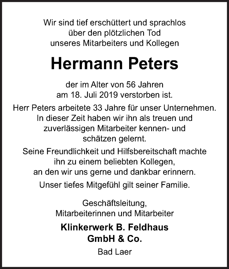 Traueranzeige für Hermann Peters vom 24.07.2019 aus Neue Osnabrücker Zeitung GmbH & Co. KG