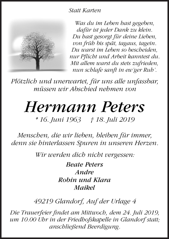  Traueranzeige für Hermann Peters vom 20.07.2019 aus Neue Osnabrücker Zeitung GmbH & Co. KG